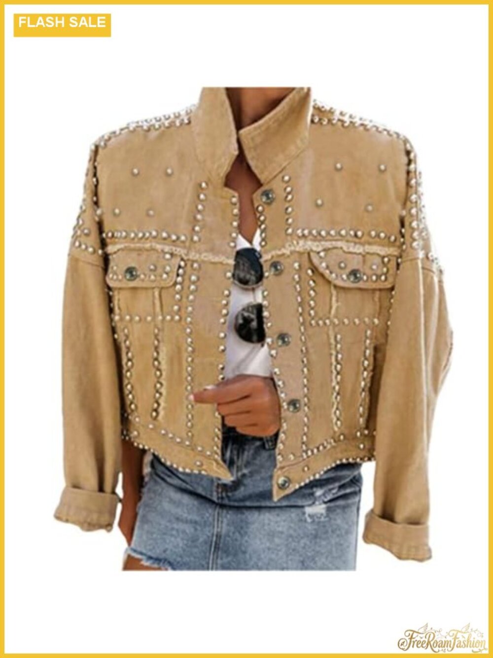 Studded Denim Jacket Frayed Cropped Western Trucker